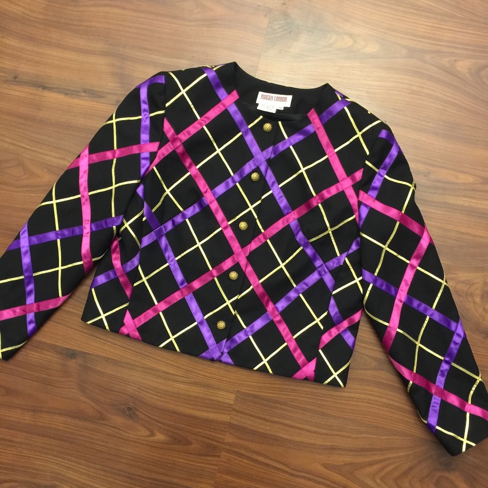 VTG MAGGY LONDON Ribbon Gold Button Crop Blazer 10